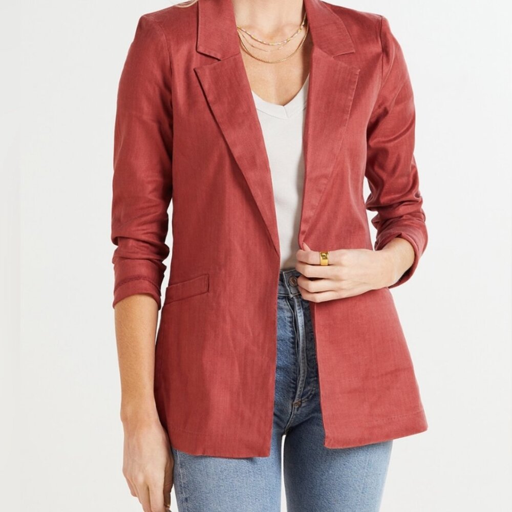 Level 99 💚 Linen Lyocell Blazer L Rose Open Front Minimalist Lightweight Jacket